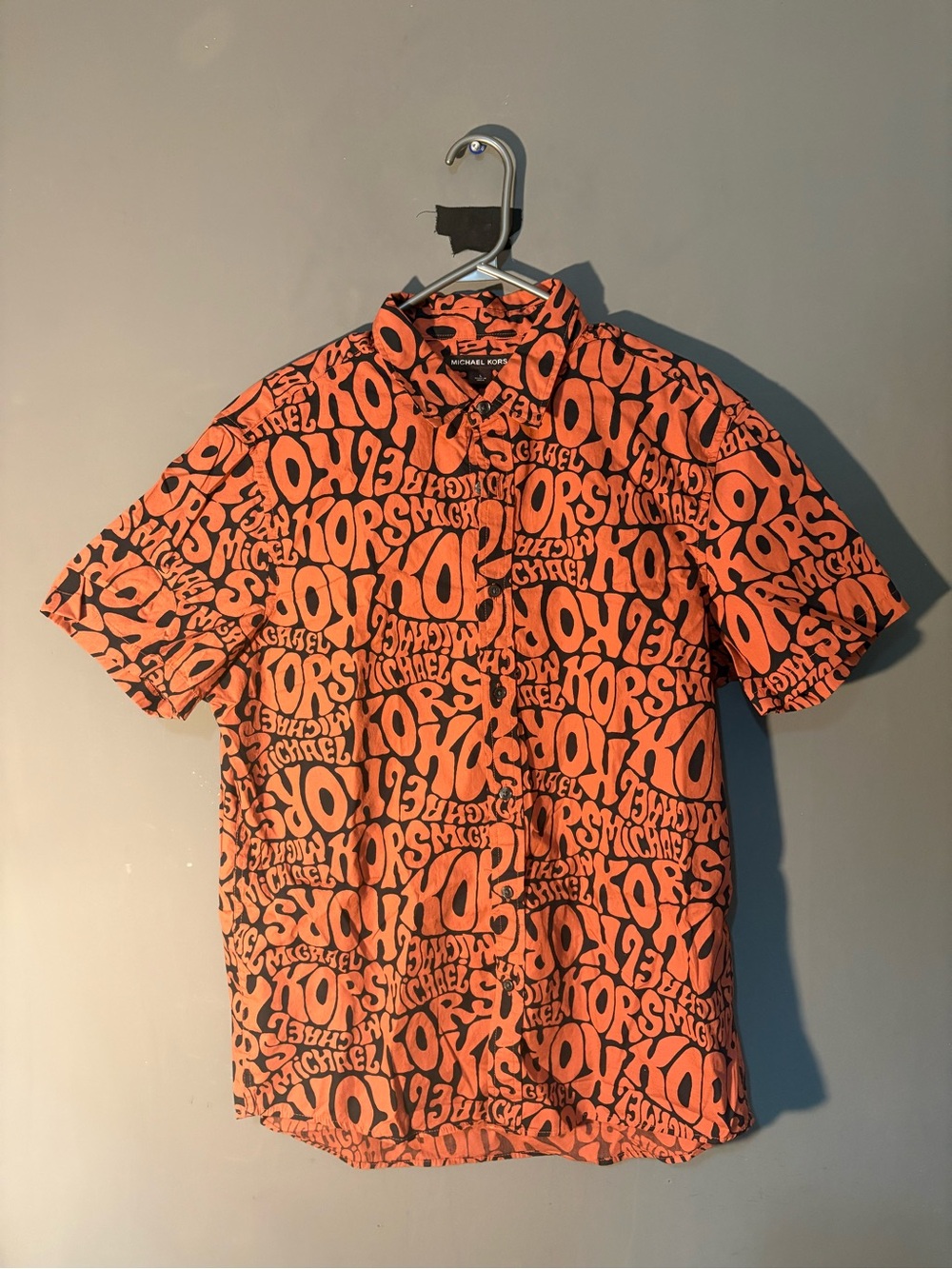 Michael Kors Orange and Black Allover Logo Short-Sleeve Button-Down Shirt